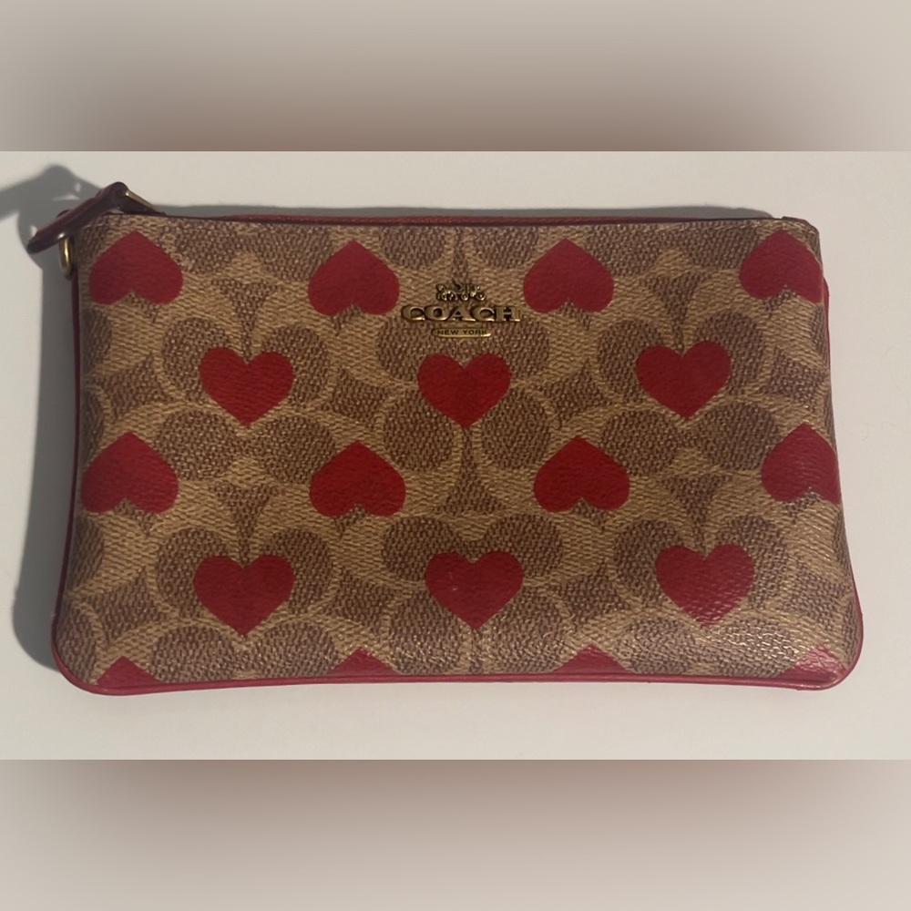 Coach Tan and Red Heart Valentine 2022 Special Edition Pattern Wristlet